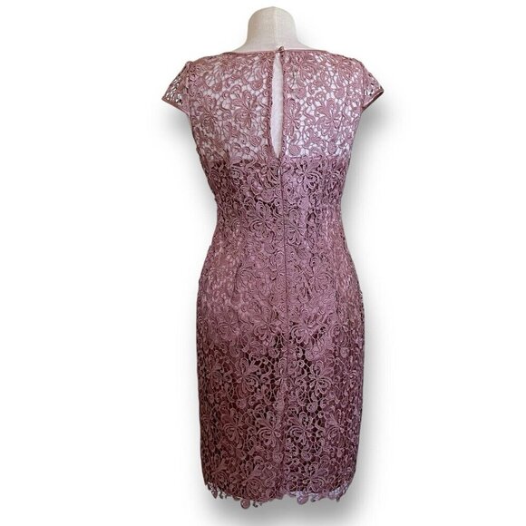 Adrianna Papell Womens Sheath Dress Sz 8 Mauve Crochet Lace Cocktail Cap Sleeve - Picture 6 of 9